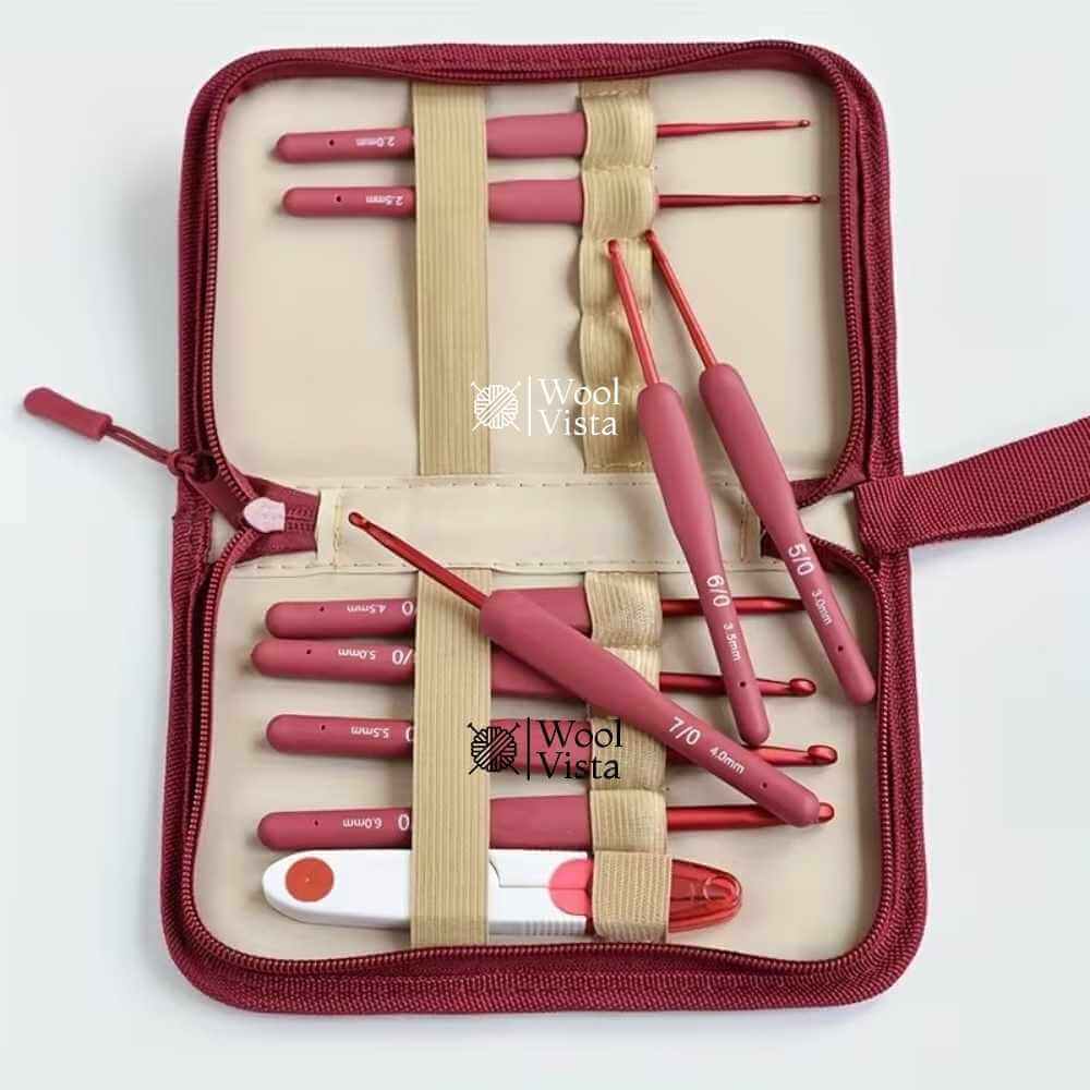 CLASSIC ERGONOMIC SOFT HANDLE CROCHET HOOK SET (10 PCS) – COMFORT GRIP CROCHET NEEDLES WITH MAROON CARRYING POUCH FOR DIY KNITTING & CROCHET PROJECTS