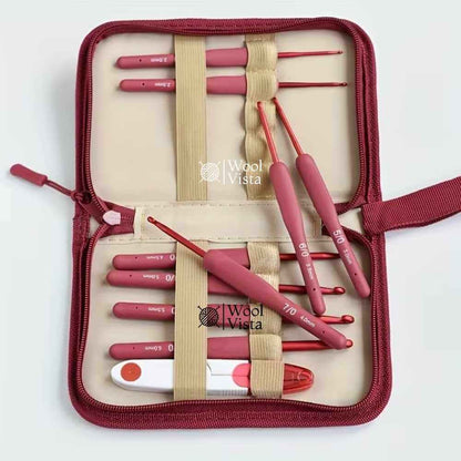 CLASSIC ERGONOMIC SOFT HANDLE CROCHET HOOK SET (10 PCS) – COMFORT GRIP CROCHET NEEDLES WITH MAROON CARRYING POUCH FOR DIY KNITTING & CROCHET PROJECTS