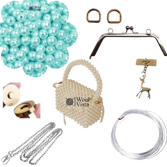 COMPLETE BAG MAKING KIT – PEARL BEADS, HANDLES, RINGS, CHAIN, MAGNETIC BUTTON & ACCESSORIES