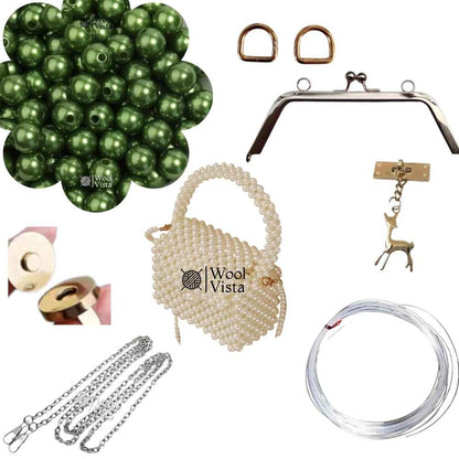 COMPLETE BAG MAKING KIT – PEARL BEADS, HANDLES, RINGS, CHAIN, MAGNETIC BUTTON & ACCESSORIES