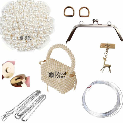 COMPLETE BAG MAKING KIT – PEARL BEADS, HANDLES, RINGS, CHAIN, MAGNETIC BUTTON & ACCESSORIES
