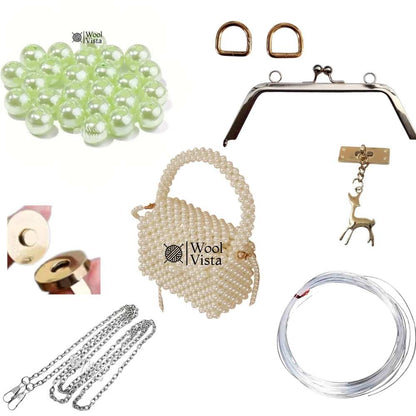 COMPLETE BAG MAKING KIT – PEARL BEADS, HANDLES, RINGS, CHAIN, MAGNETIC BUTTON & ACCESSORIES