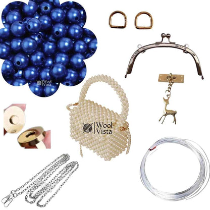 COMPLETE BAG MAKING KIT – PEARL BEADS, HANDLES, RINGS, CHAIN, MAGNETIC BUTTON & ACCESSORIES