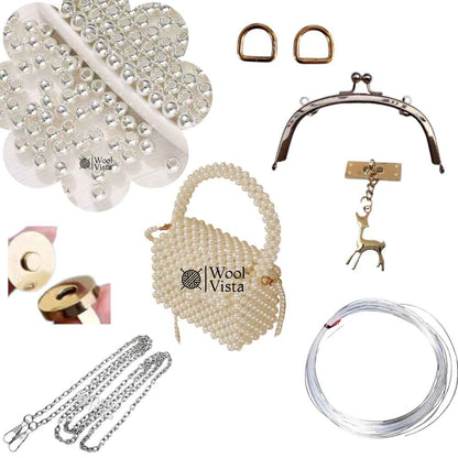 COMPLETE BAG MAKING KIT – PEARL BEADS, HANDLES, RINGS, CHAIN, MAGNETIC BUTTON & ACCESSORIES