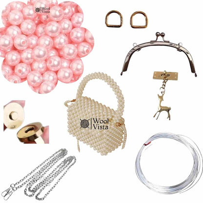 COMPLETE BAG MAKING KIT – PEARL BEADS, HANDLES, RINGS, CHAIN, MAGNETIC BUTTON & ACCESSORIES