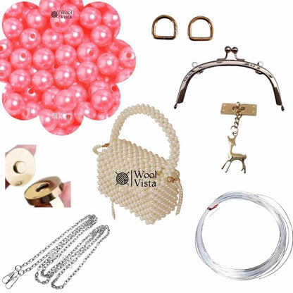 COMPLETE BAG MAKING KIT – PEARL BEADS, HANDLES, RINGS, CHAIN, MAGNETIC BUTTON & ACCESSORIES