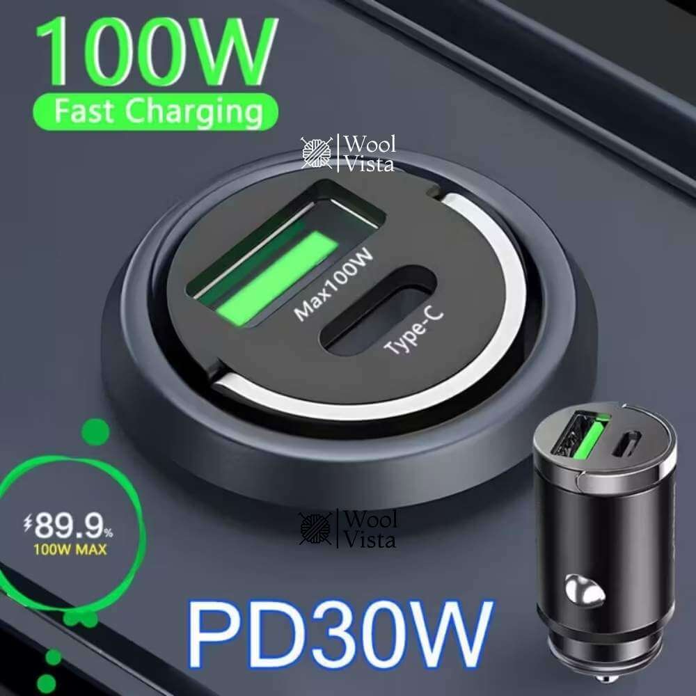 DUAL-PORT MINI USB CAR CHARGER (100W + TYPE-C) – METAL FAST CHARGING CAR PLUG ADAPTER WITH PULL RING DESIGN FOR SMARTPHONES & UNIVERSAL DEVICES