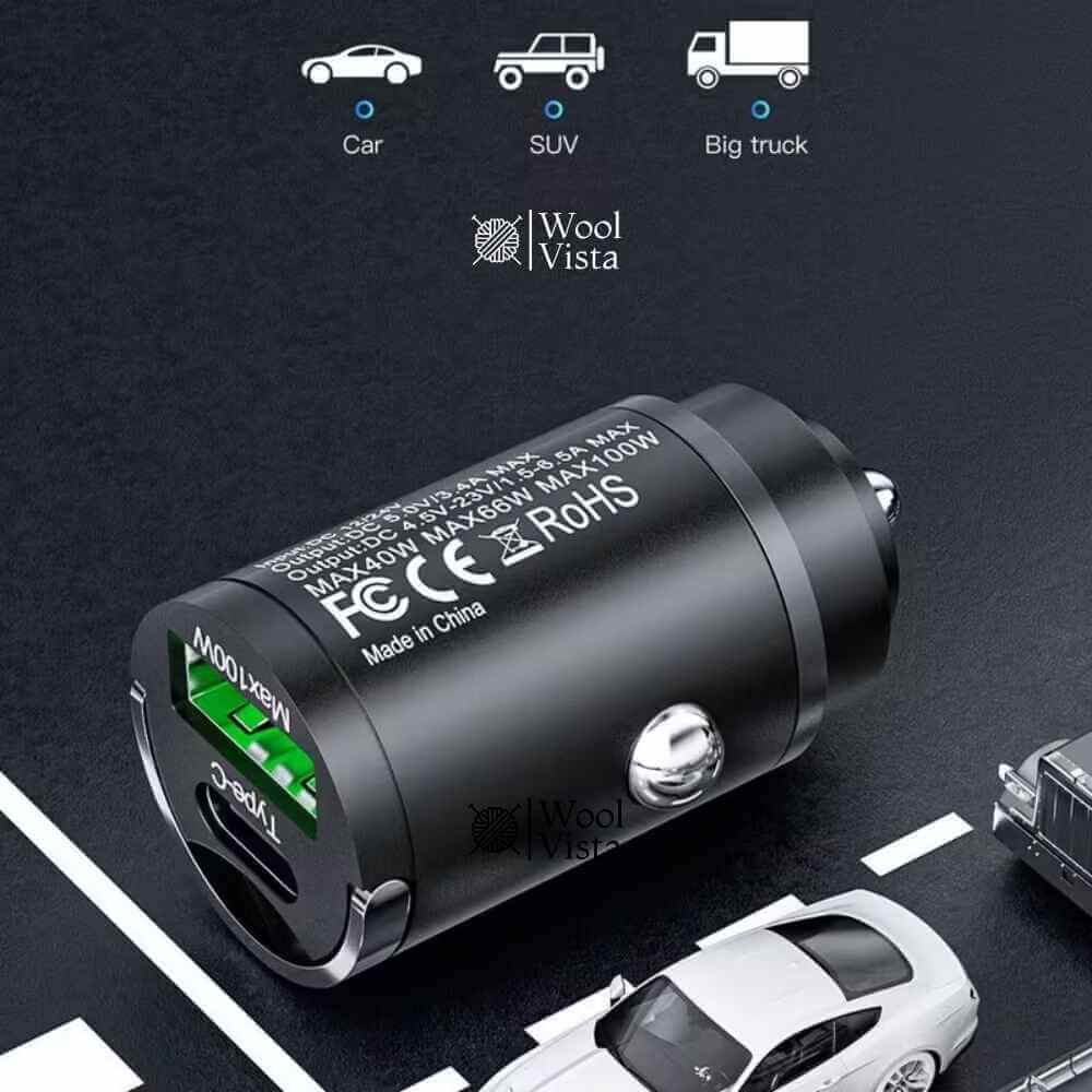 DUAL-PORT MINI USB CAR CHARGER (100W + TYPE-C) – METAL FAST CHARGING CAR PLUG ADAPTER WITH PULL RING DESIGN FOR SMARTPHONES & UNIVERSAL DEVICES