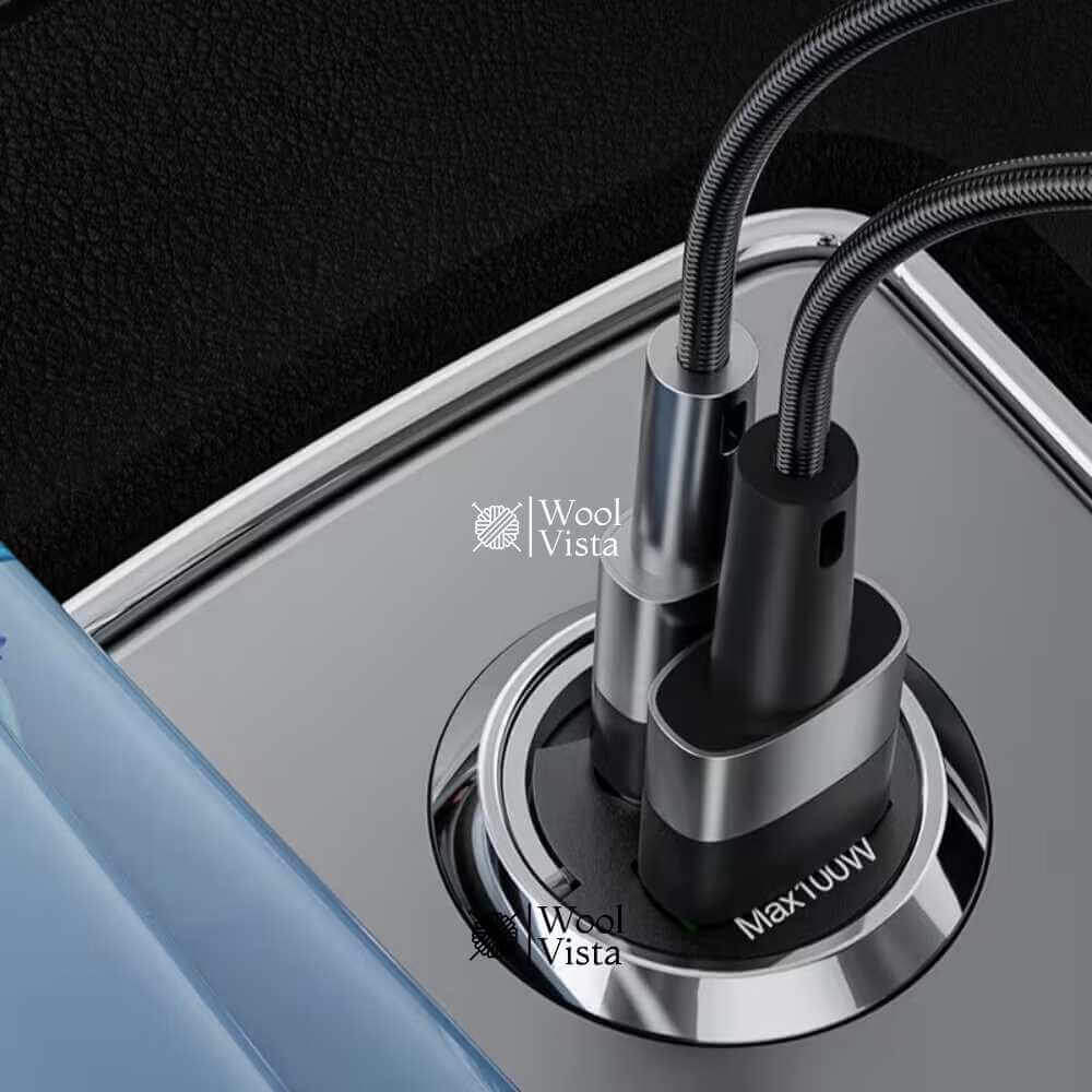 DUAL-PORT MINI USB CAR CHARGER (100W + TYPE-C) – METAL FAST CHARGING CAR PLUG ADAPTER WITH PULL RING DESIGN FOR SMARTPHONES & UNIVERSAL DEVICES