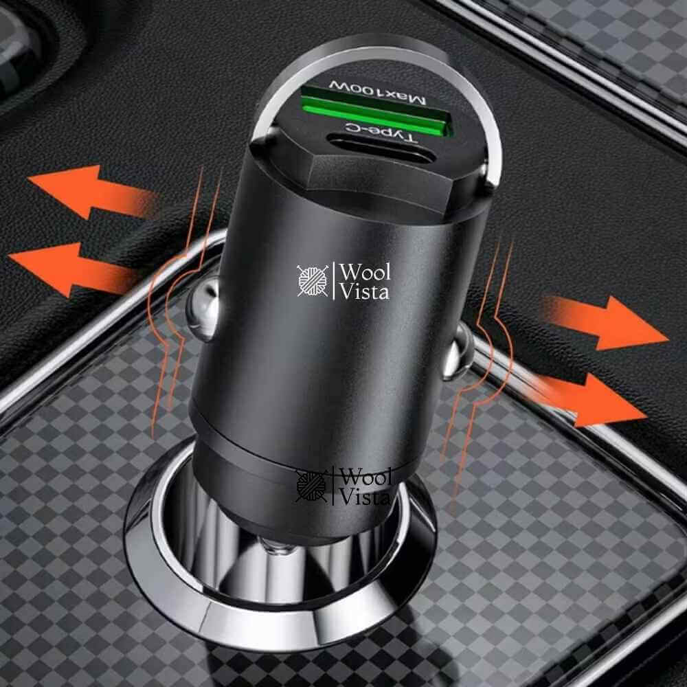 DUAL-PORT MINI USB CAR CHARGER (100W + TYPE-C) – METAL FAST CHARGING CAR PLUG ADAPTER WITH PULL RING DESIGN FOR SMARTPHONES & UNIVERSAL DEVICES