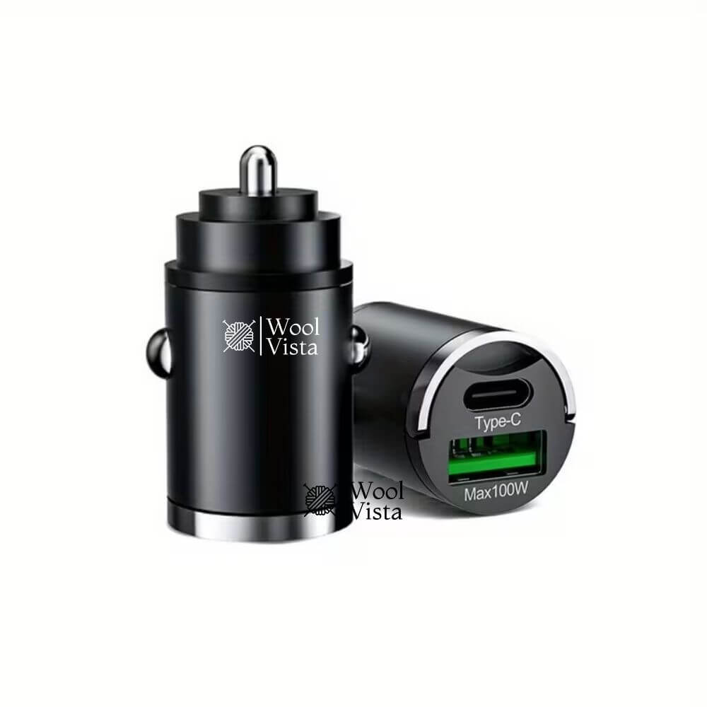 DUAL-PORT MINI USB CAR CHARGER (100W + TYPE-C) – METAL FAST CHARGING CAR PLUG ADAPTER WITH PULL RING DESIGN FOR SMARTPHONES & UNIVERSAL DEVICES