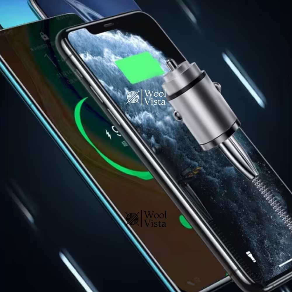 DUAL-PORT MINI USB CAR CHARGER (100W + TYPE-C) – METAL FAST CHARGING CAR PLUG ADAPTER WITH PULL RING DESIGN FOR SMARTPHONES & UNIVERSAL DEVICES