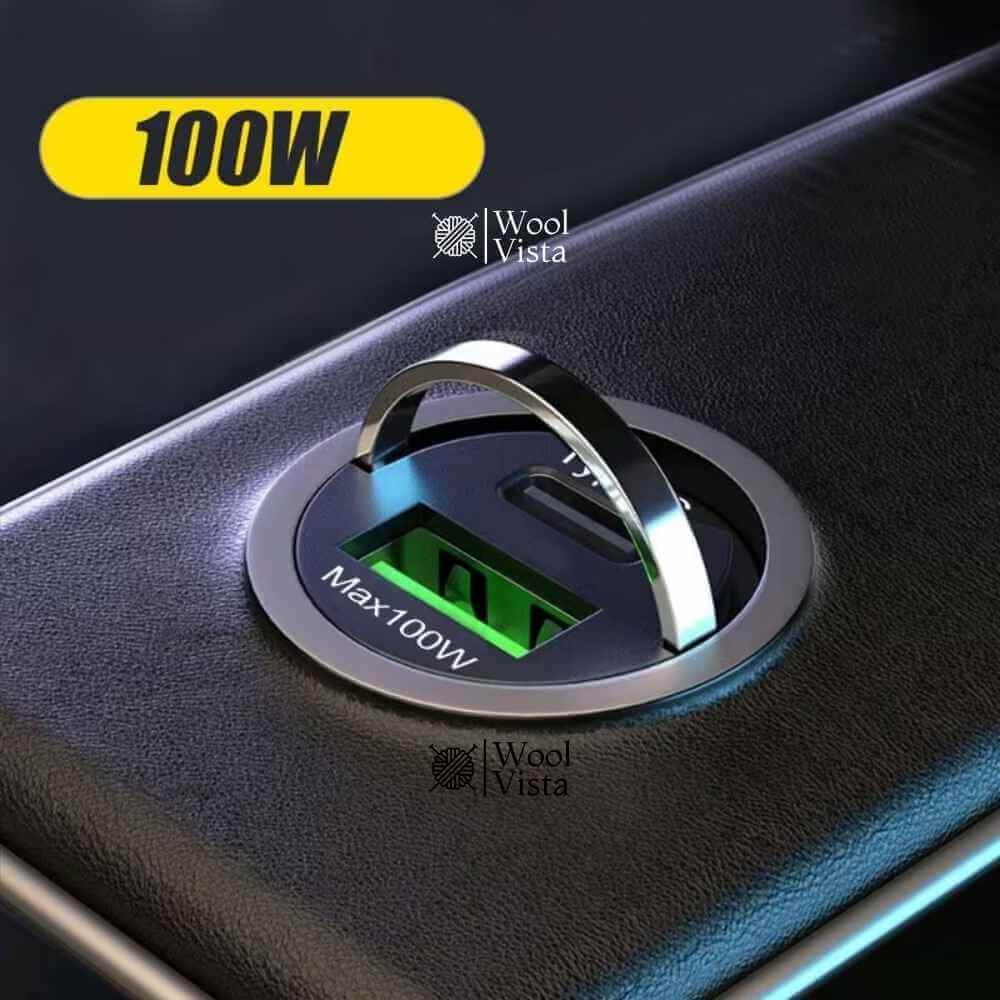 DUAL-PORT MINI USB CAR CHARGER (100W + TYPE-C) – METAL FAST CHARGING CAR PLUG ADAPTER WITH PULL RING DESIGN FOR SMARTPHONES & UNIVERSAL DEVICES