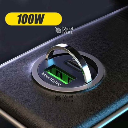 DUAL-PORT MINI USB CAR CHARGER (100W + TYPE-C) – METAL FAST CHARGING CAR PLUG ADAPTER WITH PULL RING DESIGN FOR SMARTPHONES & UNIVERSAL DEVICES