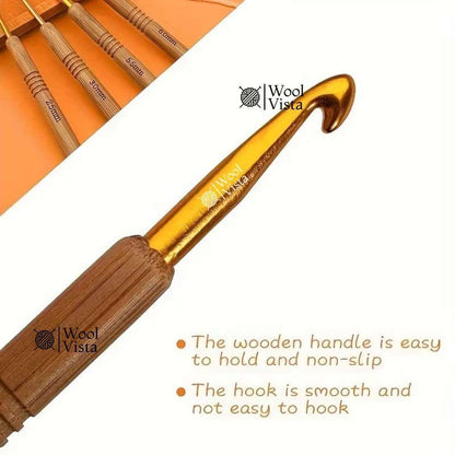 ERGONOMIC CROCHET HOOK SET – WOODEN HANDLE HOOKS FOR KNITTING & CROCHET (PACK OF 9)