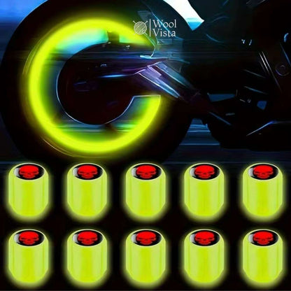 FLUORESCENT SKULL TIRE VALVE CAPS – LUMINOUS CAR, MOTORCYCLE, TRUCK & BICYCLE WHEEL VALVE COVERS | FASHION GLOW-IN-THE-DARK DESIGN
