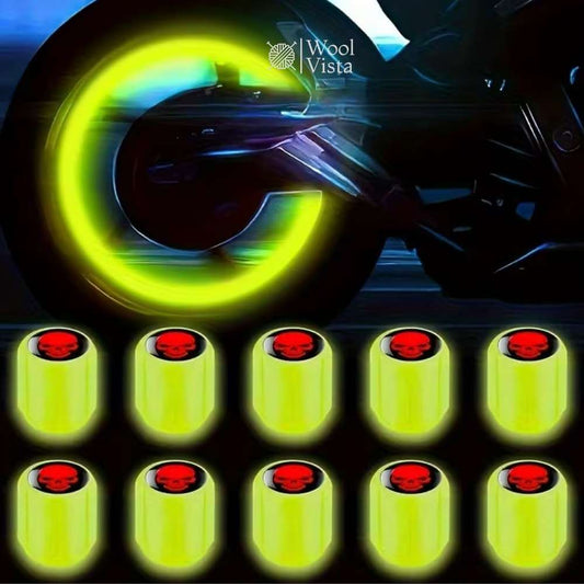 FLUORESCENT SKULL TIRE VALVE CAPS – LUMINOUS CAR, MOTORCYCLE, TRUCK & BICYCLE WHEEL VALVE COVERS | FASHION GLOW-IN-THE-DARK DESIGN