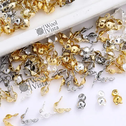 GOLDEN & SILVER COPPER CRIMP END CAPS (50 PCS) – DOUBLE CUP KNOT COVERS & BEAD TIPS FOR DIY JEWELRY MAKING