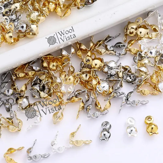 GOLDEN & SILVER COPPER CRIMP END CAPS (50 PCS) – DOUBLE CUP KNOT COVERS & BEAD TIPS FOR DIY JEWELRY MAKING