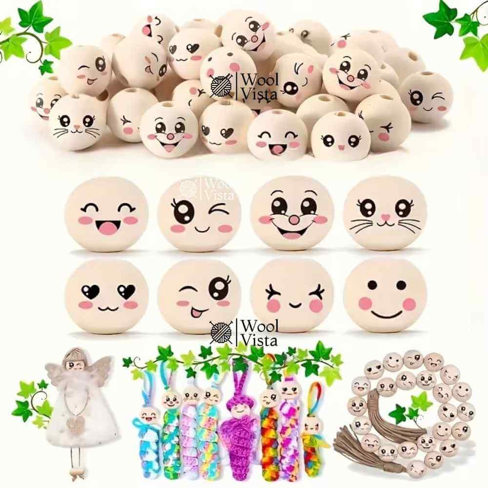 HAPPY & CUTE ROUND WOODEN BEADS 20MM – DIY JEWELRY & CRAFT SUPPLIES (10 BEADS)