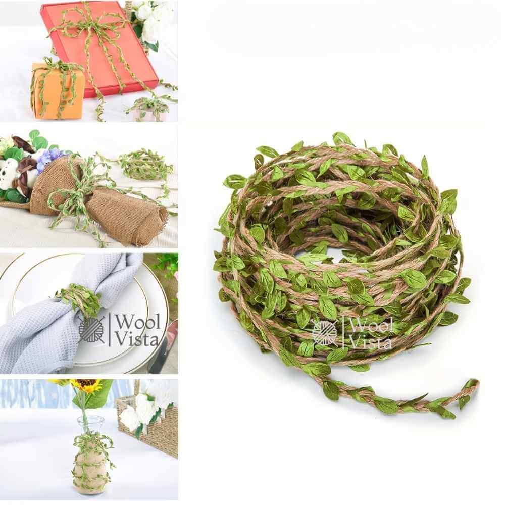 LEAF JUTE TWINE ROPE – 3 YARDS GREEN LEAF PATTERN RUSTIC HEMP ROPE WITH NATURAL TEXTURE FOR GARDENING, DIY CRAFTS, GIFT WRAPPING & HOME DÉCOR