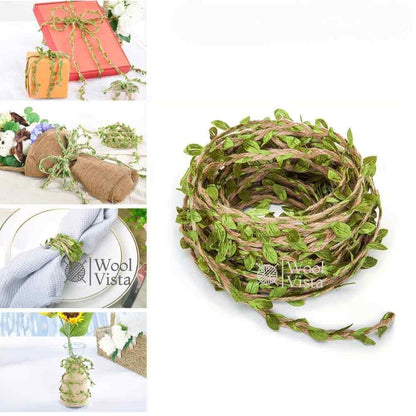 LEAF JUTE TWINE ROPE – 3 YARDS GREEN LEAF PATTERN RUSTIC HEMP ROPE WITH NATURAL TEXTURE FOR GARDENING, DIY CRAFTS, GIFT WRAPPING & HOME DÉCOR