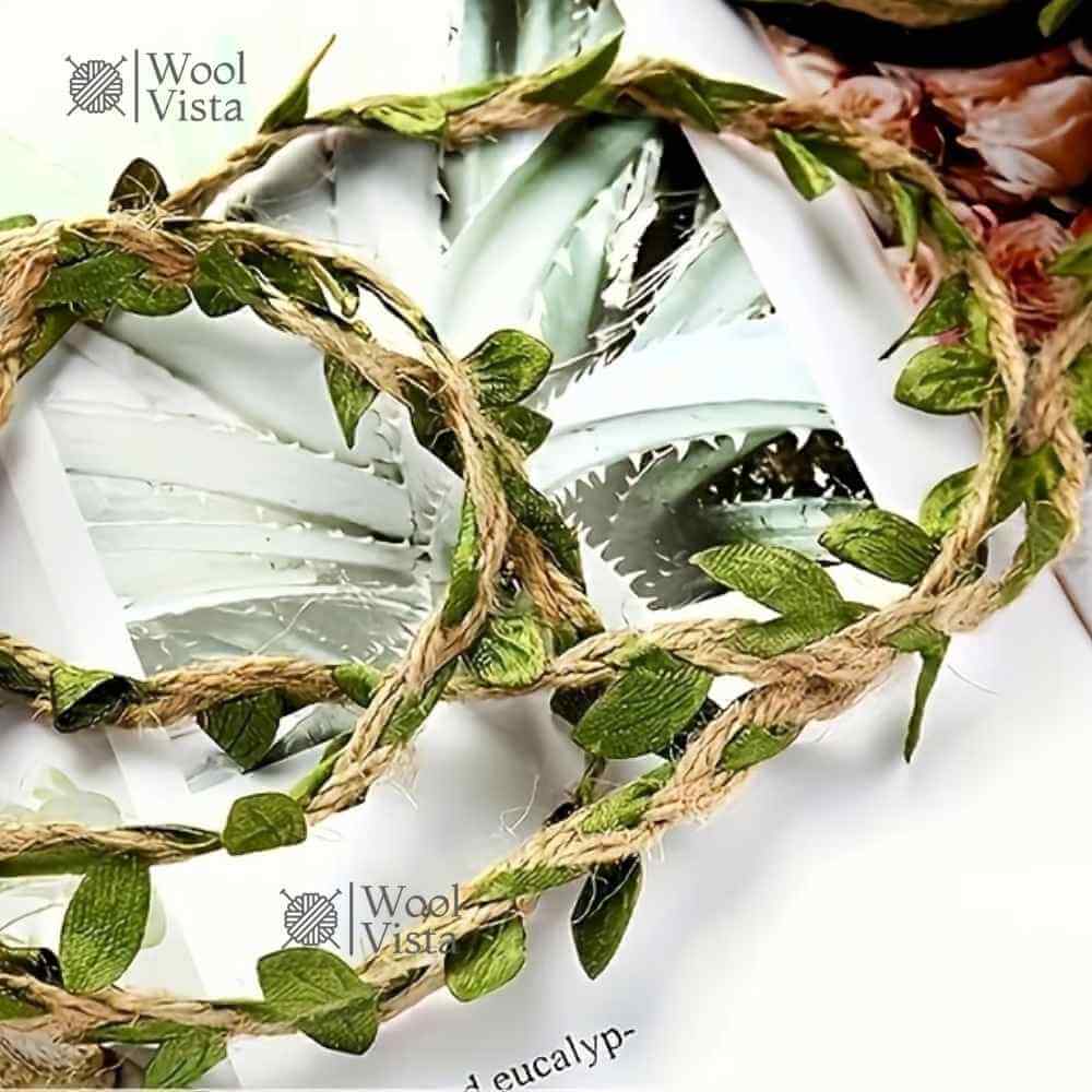 LEAF JUTE TWINE ROPE – 3 YARDS GREEN LEAF PATTERN RUSTIC HEMP ROPE WITH NATURAL TEXTURE FOR GARDENING, DIY CRAFTS, GIFT WRAPPING & HOME DÉCOR
