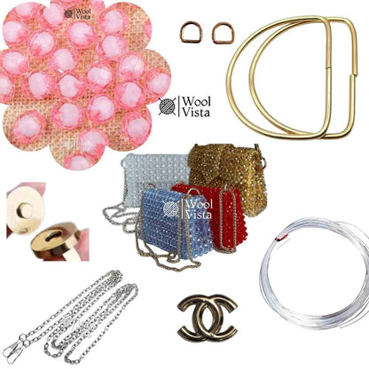 COMPLETE BAG MAKING KIT – ACRYLIC BEADS, HANDLES, RINGS, CHAIN, MAGNETIC BUTTON & ACCESSORIES