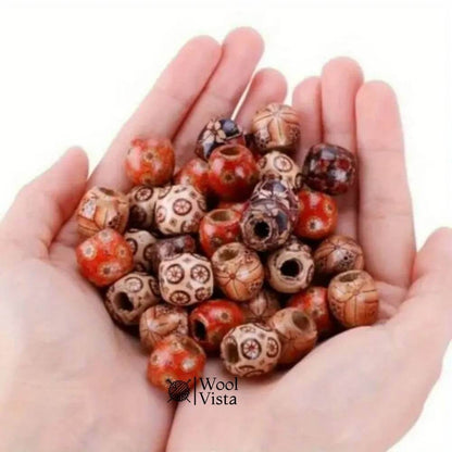 MIXED WOODEN BEAD TRIBAL PATTERN WOOD BEADS - (PACK OF 50)