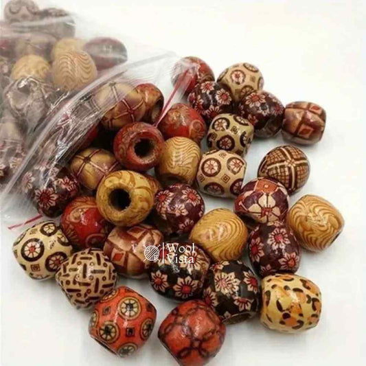 MIXED WOODEN BEAD TRIBAL PATTERN WOOD BEADS - (PACK OF 50)