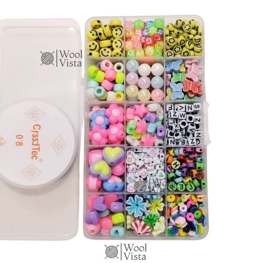 MULTI-SHAPE BEADS BOX – ALPHABET, SMILEY, PASTEL & SHAPE BEADS WITH CRYSTAL ELASTIC FOR JEWELRY MAKING & DIY CRAFTS