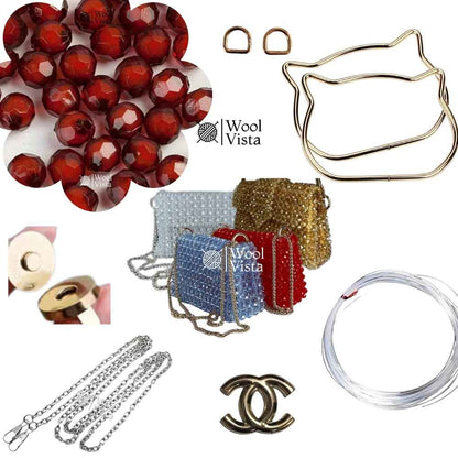 COMPLETE BAG MAKING KIT – ACRYLIC BEADS, HANDLES, RINGS, CHAIN, MAGNETIC BUTTON & ACCESSORIES