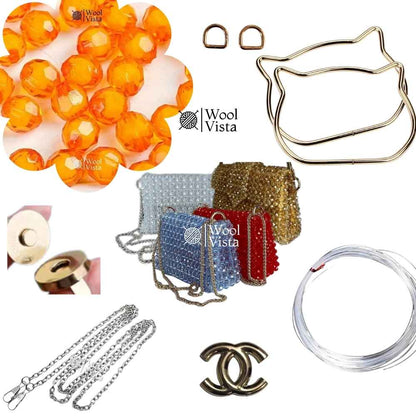 COMPLETE BAG MAKING KIT – ACRYLIC BEADS, HANDLES, RINGS, CHAIN, MAGNETIC BUTTON & ACCESSORIES