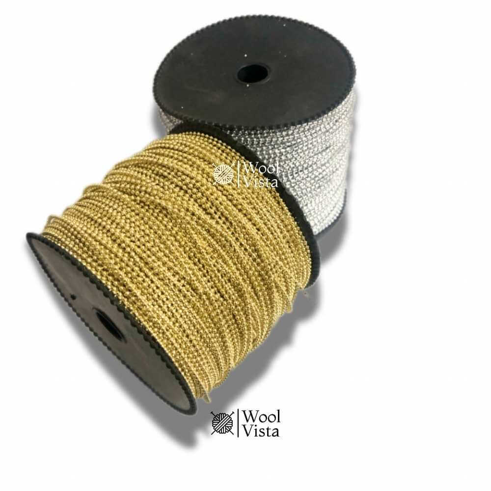 PLASTIC BEADS TRIM 5 YARDS – GOLDEN / SILVER 1.5MM BEAD STRING FOR DIY JEWELRY MAKING, GARMENT EMBELLISHMENT, CRAFT & DECOR PROJECTS