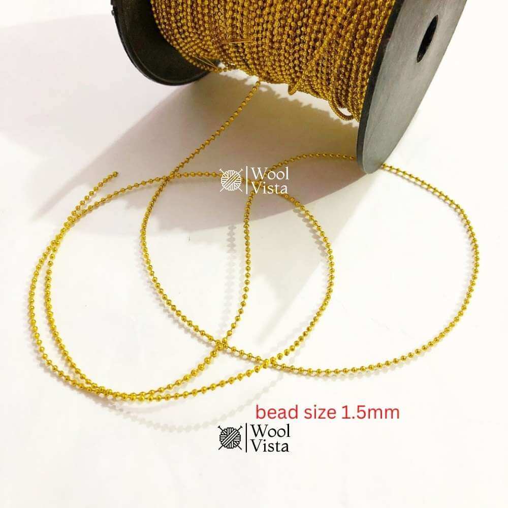 PLASTIC BEADS TRIM 5 YARDS – GOLDEN / SILVER 1.5MM BEAD STRING FOR DIY JEWELRY MAKING, GARMENT EMBELLISHMENT, CRAFT & DECOR PROJECTS