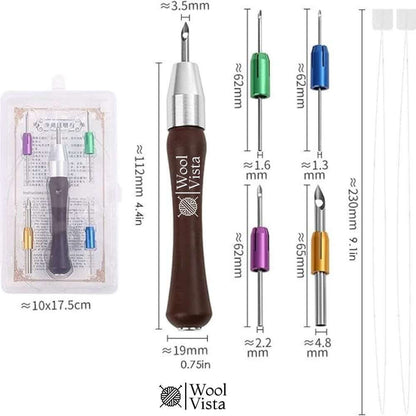 PUNCH NEEDLE EMBROIDERY KIT WITH WOODEN HANDLE – ADJUSTABLE EMBROIDERY PEN WITH 4 NEEDLE PINS FOR DIY SEWING & CRAFTS
