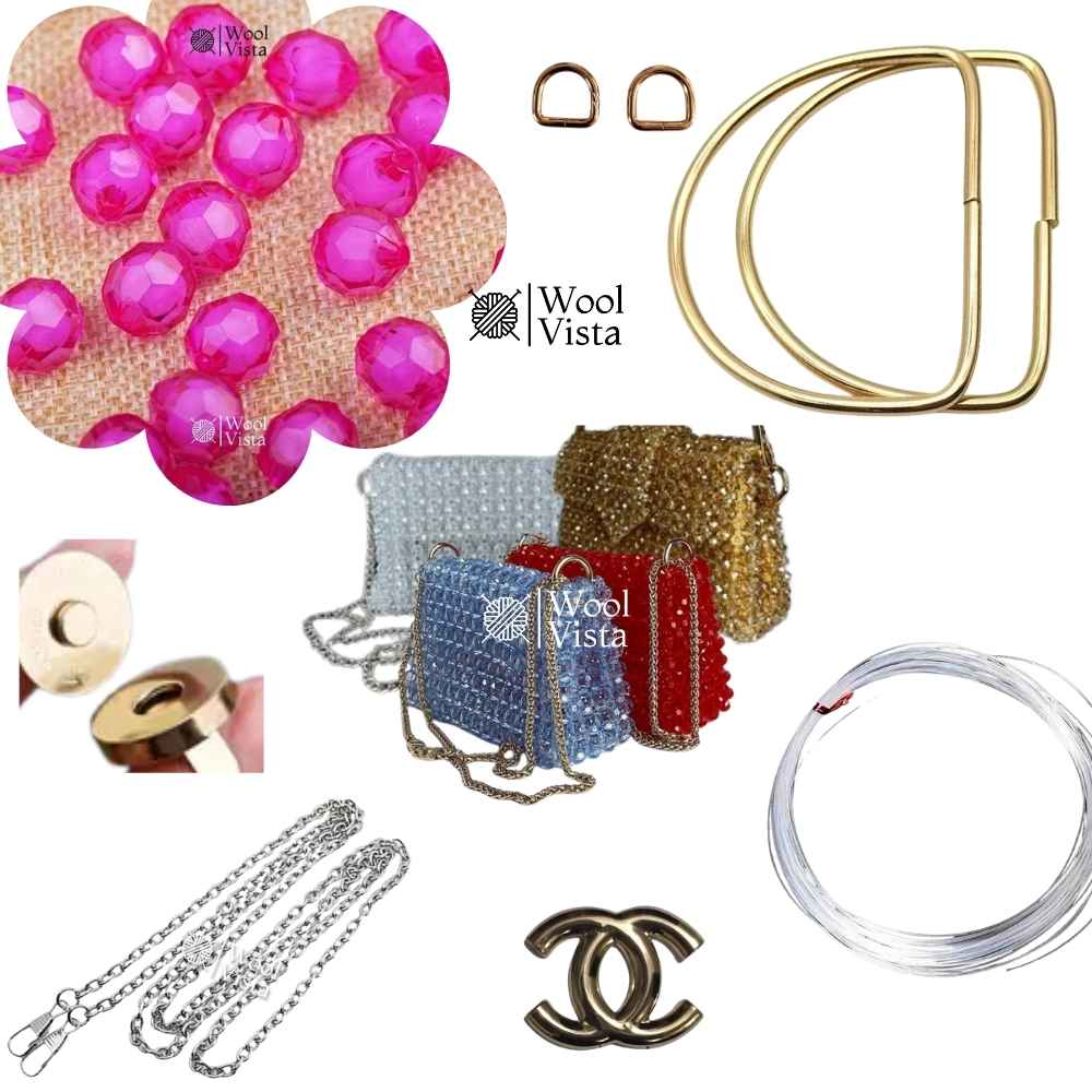 COMPLETE BAG MAKING KIT – ACRYLIC BEADS, HANDLES, RINGS, CHAIN, MAGNETIC BUTTON & ACCESSORIES