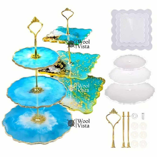 RESIN TRAY MOLD 3-LAYER SET – ROUND & SQUARE SILICONE MOLDS WITH HARDWARE FOR DIY EPOXY CAKE STAND & DISPLAY TRAYS
