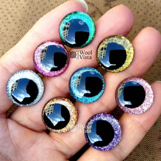 SHINY SAFETY DOLL EYES WITH GLITTER EFFECT – 3D PLASTIC EYES FOR CROCHET, AMIGURUMI & PLUSH TOY MAKING – (SET OF 2)