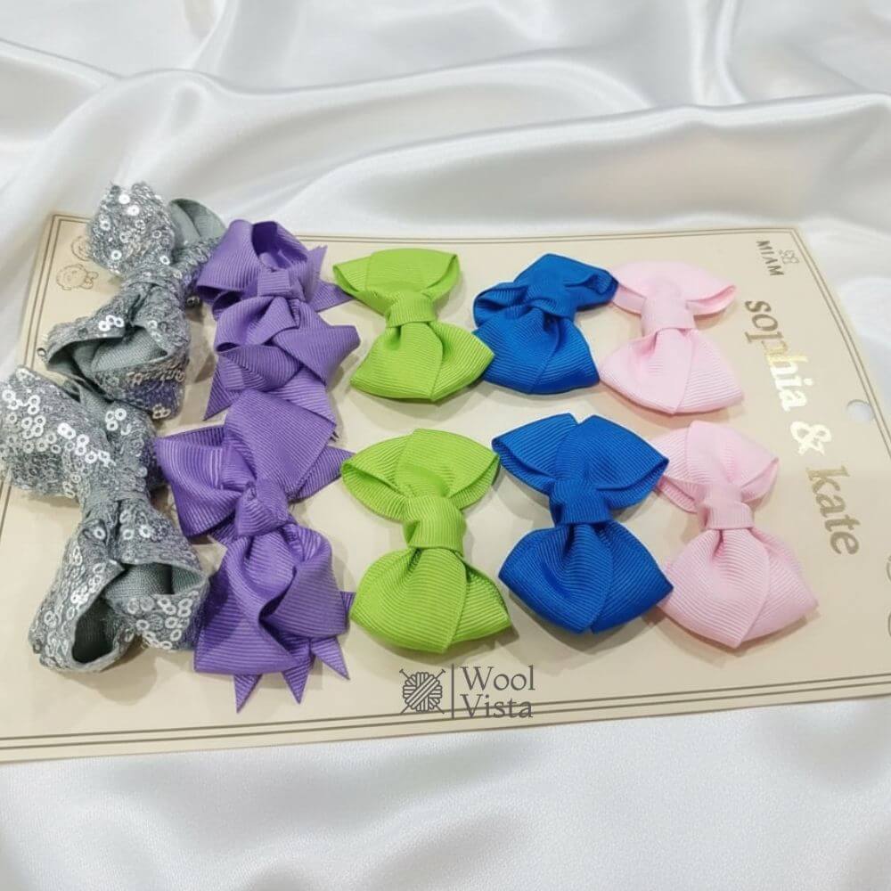 TRENDY BOW HAIR TIE CLIPS 10PCS – ASSORTED SOLID & SEQUIN STYLES FOR GIRLS