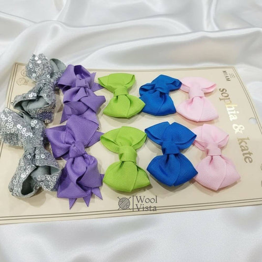TRENDY BOW HAIR TIE CLIPS 10PCS – ASSORTED SOLID & SEQUIN STYLES FOR GIRLS