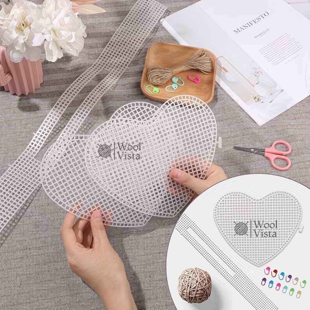 PLASTIC MESH CANVAS KIT (4PCS) – HEART & RECTANGLE GRID SHEETS FOR DIY BAG WEAVING & MESH CRAFTS