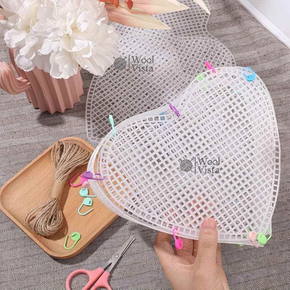 PLASTIC MESH CANVAS KIT (4PCS) – HEART & RECTANGLE GRID SHEETS FOR DIY BAG WEAVING & MESH CRAFTS