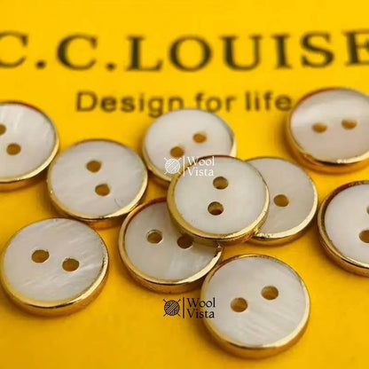 WHITE SHELL BUTTONS WITH GOLDEN EDGES 10MM– DECORATIVE SEWING BUTTONS FOR SHIRTS & HOME TEXTILES (PACK OF 16)