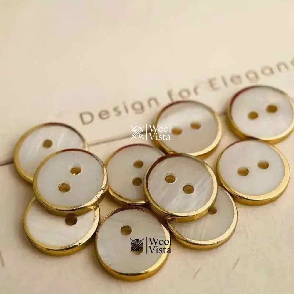 WHITE SHELL BUTTONS WITH GOLDEN EDGES 10MM– DECORATIVE SEWING BUTTONS FOR SHIRTS & HOME TEXTILES (PACK OF 16)