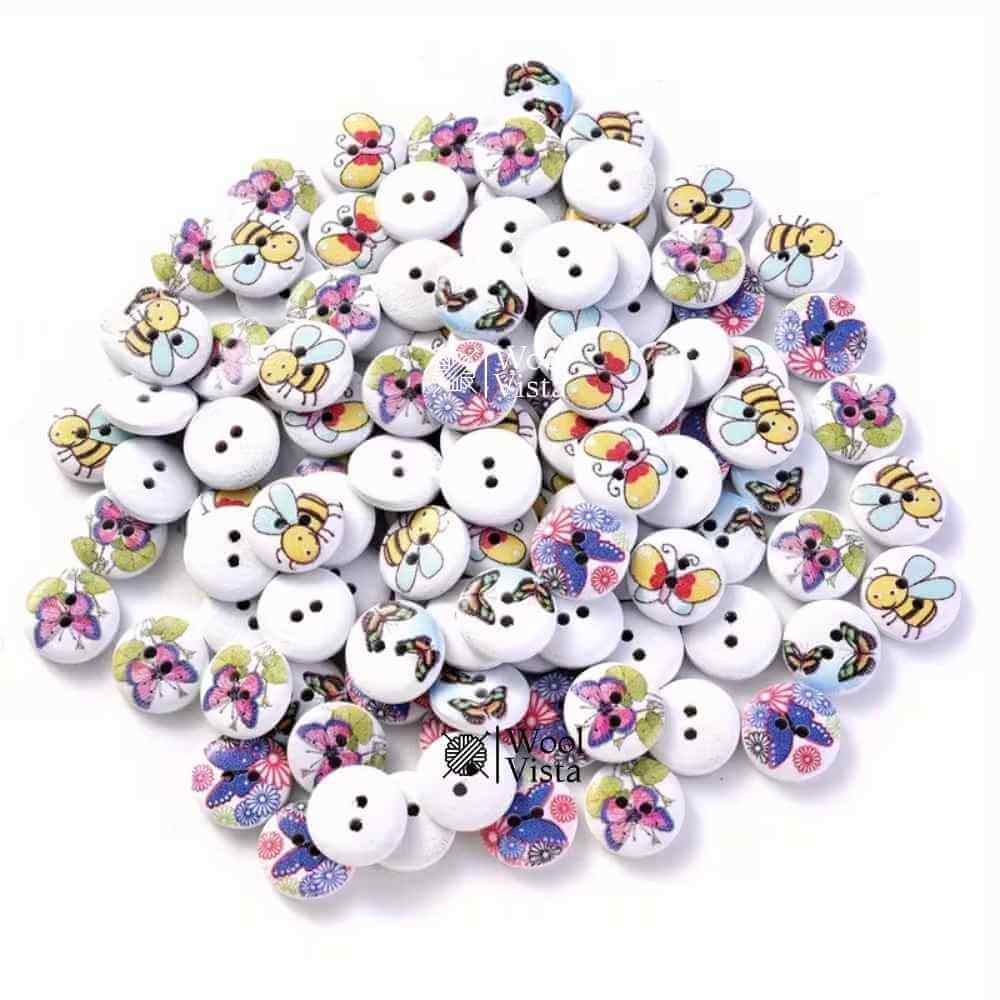 WHITE WOOD BUTTONS WITH BEE & BUTTERFLY SHAPES 15MM– DECORATIVE SEWING & KNITTING CRAFT BUTTONS (PACK OF 10)