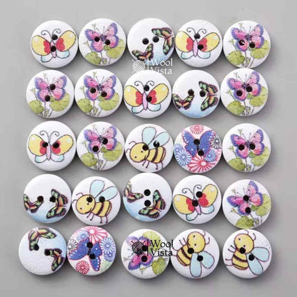 WHITE WOOD BUTTONS WITH BEE & BUTTERFLY SHAPES 15MM– DECORATIVE SEWING & KNITTING CRAFT BUTTONS (PACK OF 10)