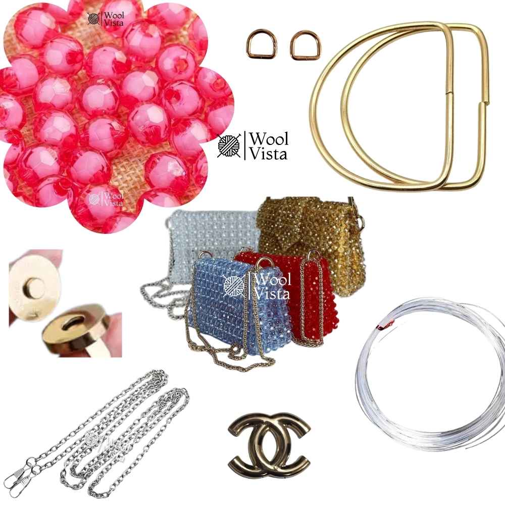COMPLETE BAG MAKING KIT – ACRYLIC BEADS, HANDLES, RINGS, CHAIN, MAGNETIC BUTTON & ACCESSORIES