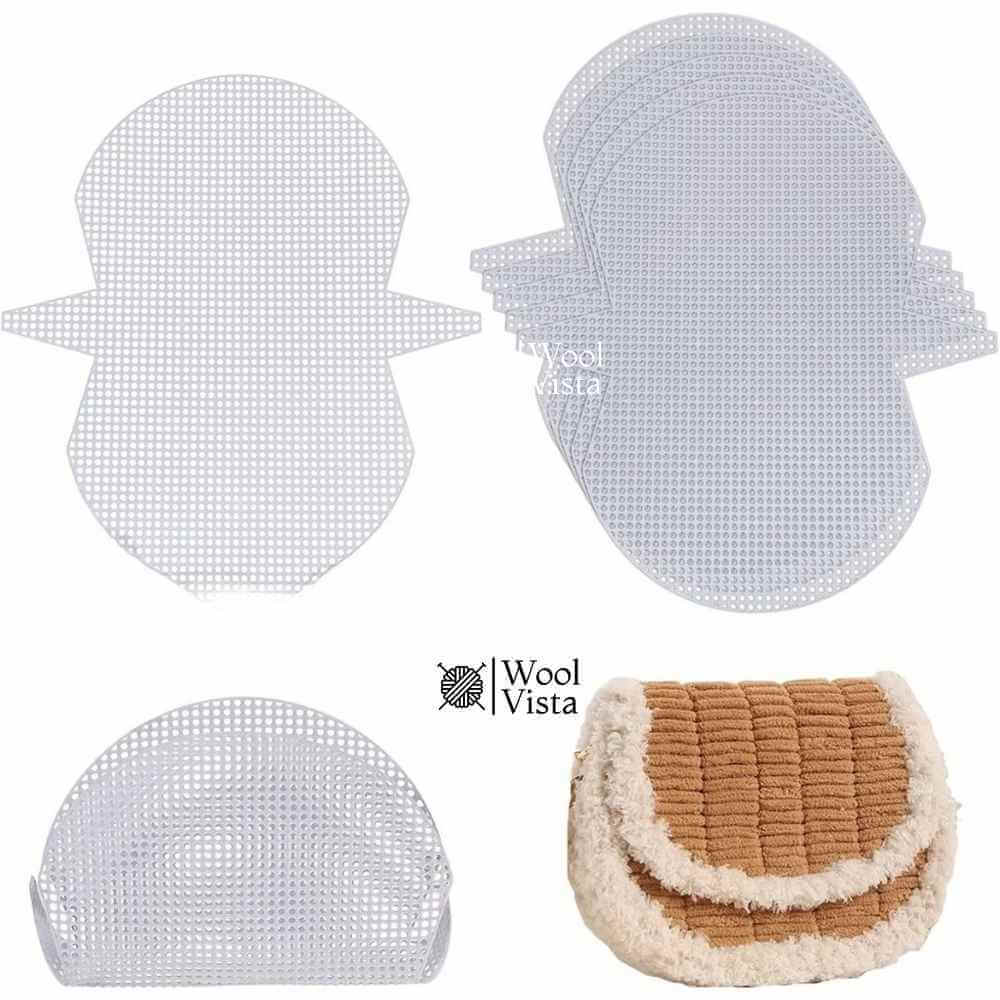 White crossbody bag plastic mesh canvas sheets, stack of pre-cut saddle bag bases with a finished crochet bag