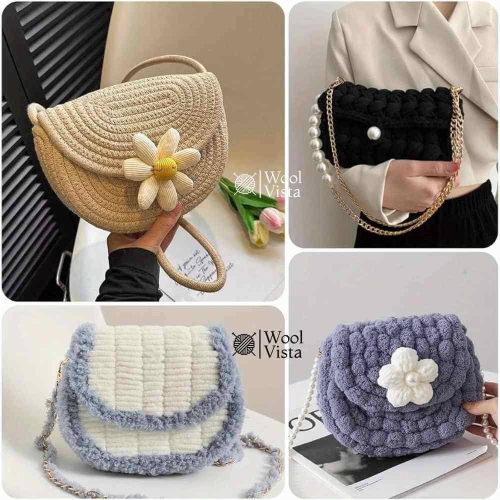 Finished crochet crossbody and saddle bags made with plastic mesh canvas sheets